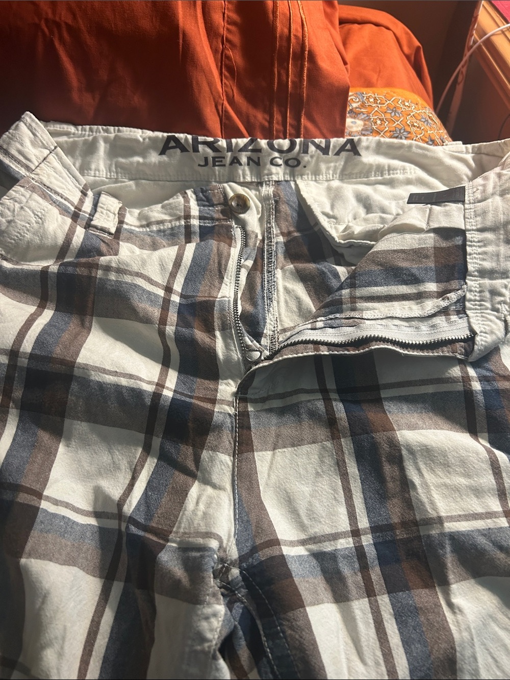 Arizona Jean Company Men’s Plaid Cotton Shorts - White, Brown & Blue